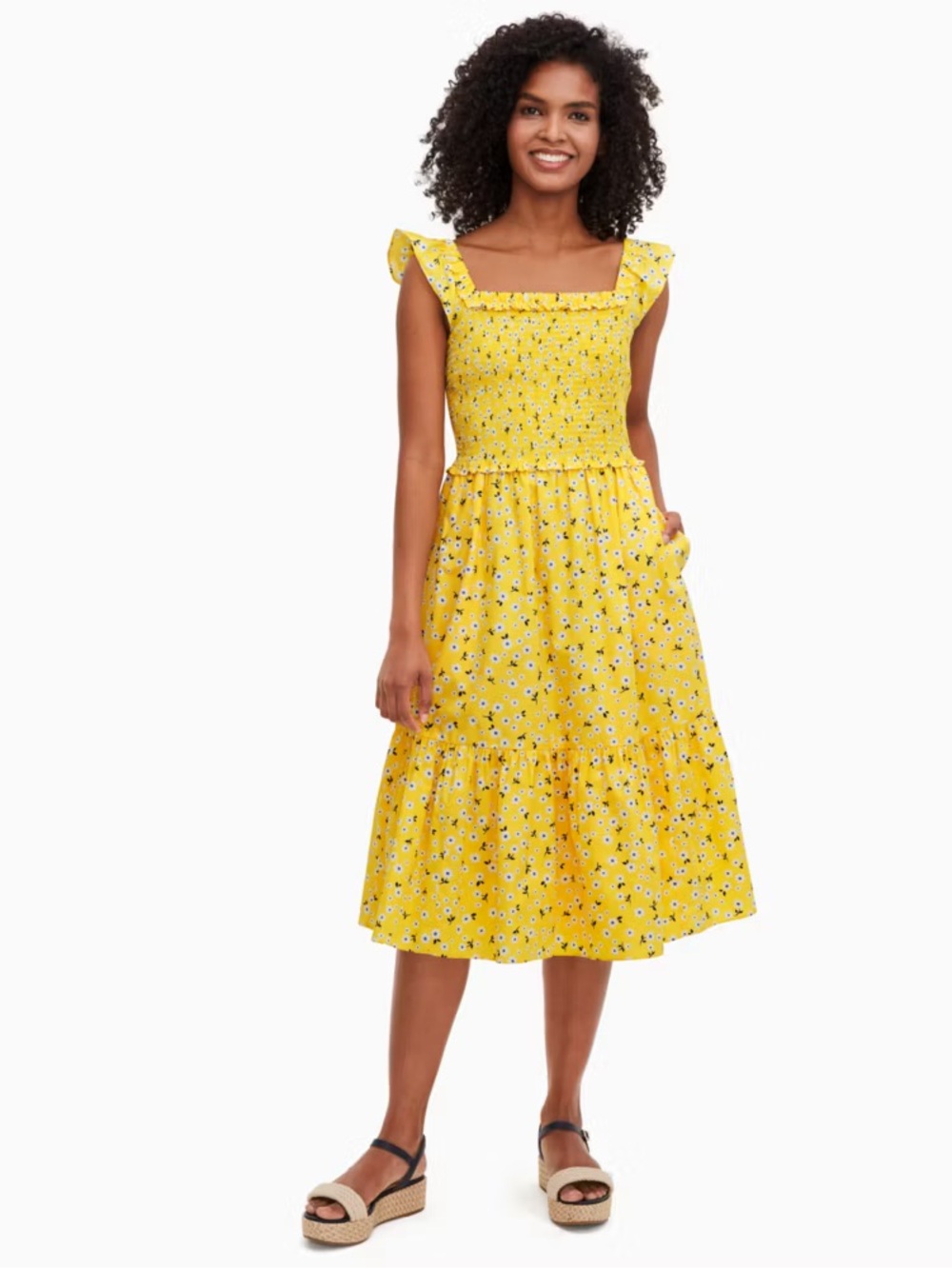 EUC Kate Spade Fleurette Toss Voile Yellow Smocked Dress